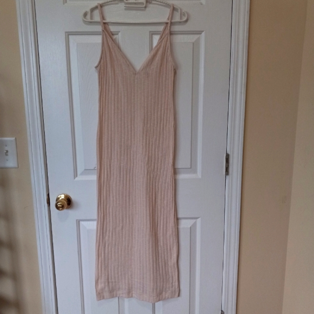 FREE PEOPLE BEACH  Womens Beige Knit Viscose V Neck Midi Casual Resort Dress S
